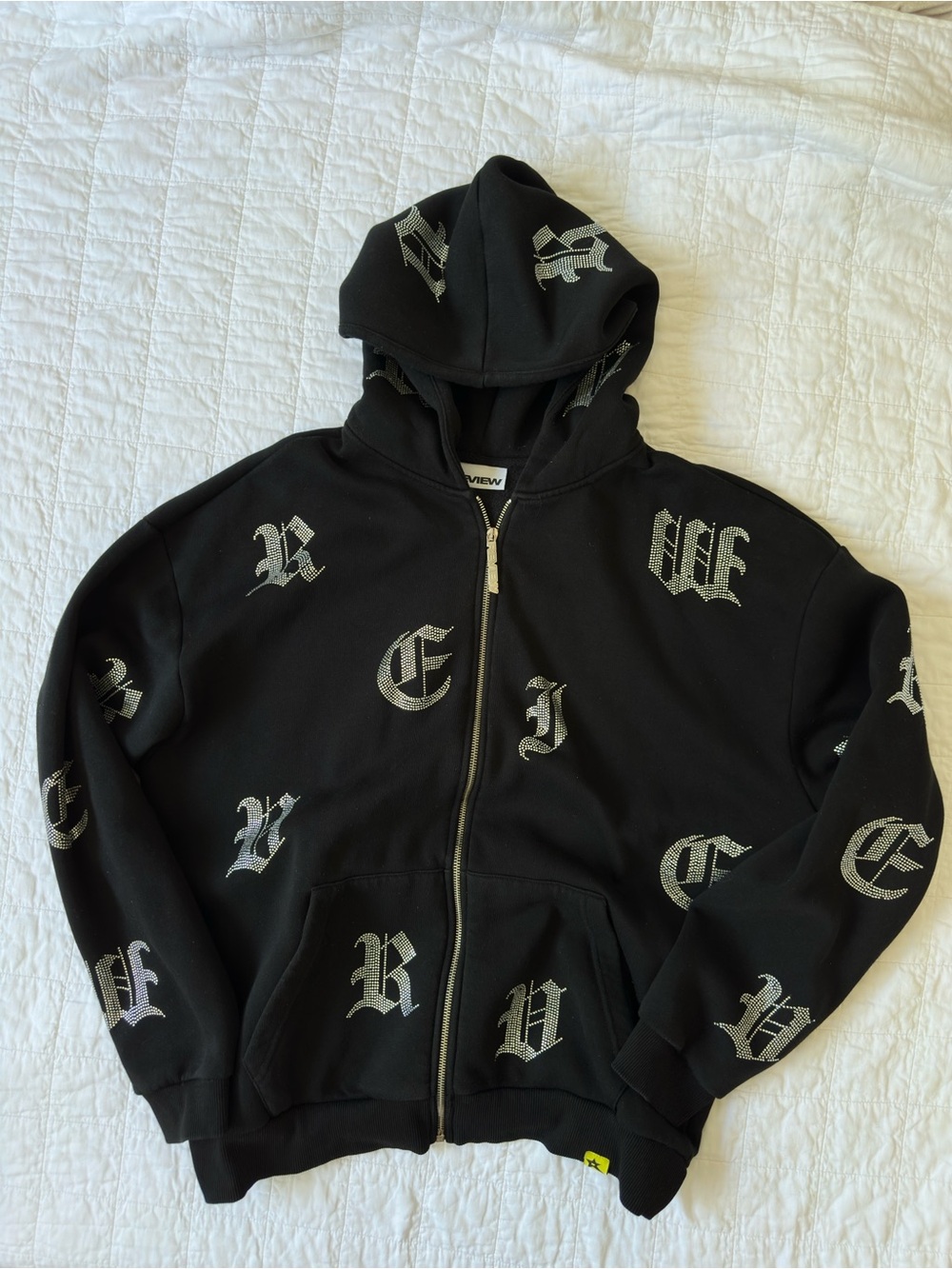 Y2K Rhinestone Zip Up Hoodie Black Old English Letters All Over